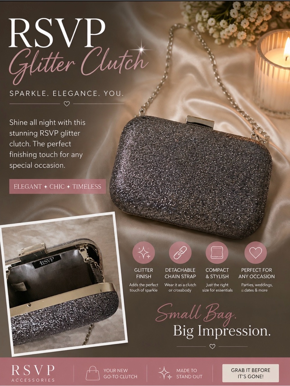 RSVP Glitter Clutch - Silver Sparkle